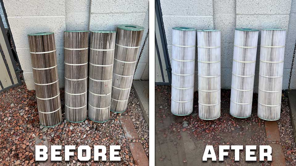 A pool cartridge filter element before and after a deep clean